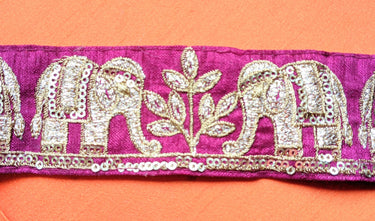 Maroon Art Silk Fabric Trim With Intricate Elephant Embroidery Antique Gold, Saree Border, Lace Trim